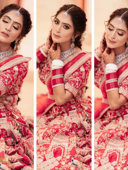 A triptych of the bride in her red lehenga, showing off her beautiful poses and radiant smile.