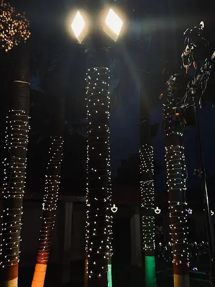 Creating a magical atmosphere with simple elements. Wrapping the palm tree trunks with fairy lights adds a beautiful, twinkling effect to the outdoor sangeet venue at night.