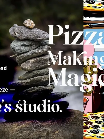 A graphic highlighting the "Pizza Making Magic" and yoga in nature's studio.
