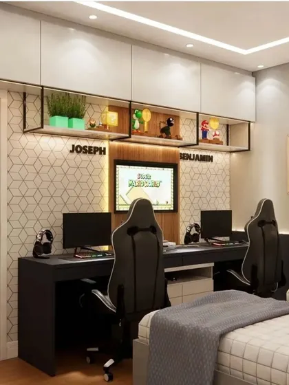 The ultimate gaming room for two, with a dual-station desk, ergonomic chairs, and Super Mario-themed decor. The custom shelving and backlighting create an immersive gaming experience.