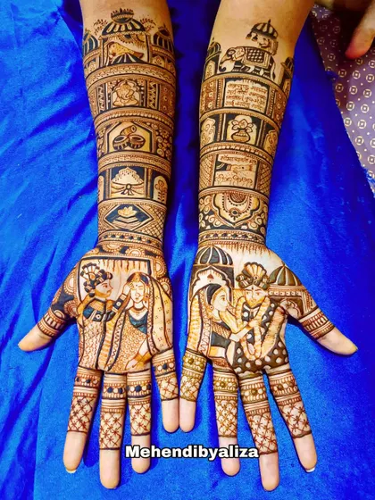 A full view of a stunning bridal design featuring portraits of the couple during their wedding ceremony. This is a beautiful way to capture the main event right on your hands.