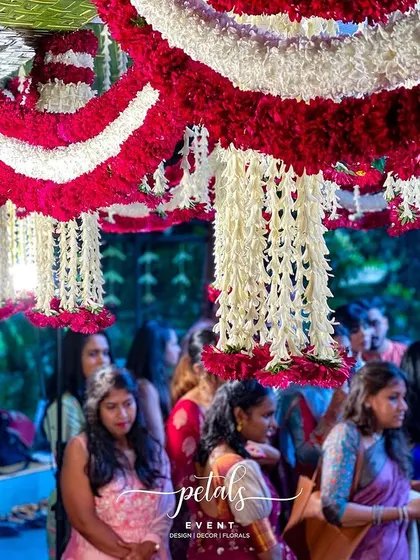 A close-up of the guests watching the ceremony. The intricate floral hangings and the traditional attire of the guests create a rich tapestry of color and culture.