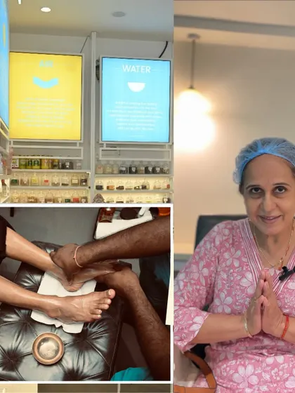 The full experience. This collage features our bright, modern store interior, a relaxing foot therapy session, and a happy client. It captures the essence of the calming and rejuvenating atmosphere we strive to create.