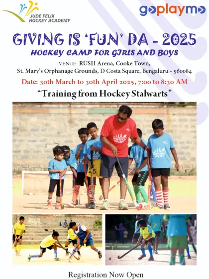 The official poster for our 'Giving is Fun'da' 2025 Hockey Camp for girls and boys. Join us for training from hockey stalwarts.