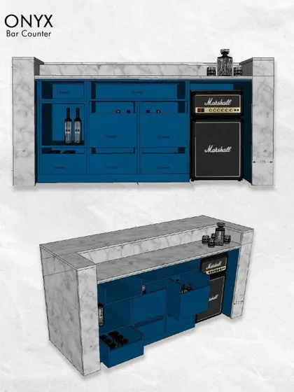 The final design for the back of the bar includes custom blue cabinetry with specialized storage for bottles and a Marshall speaker fridge.