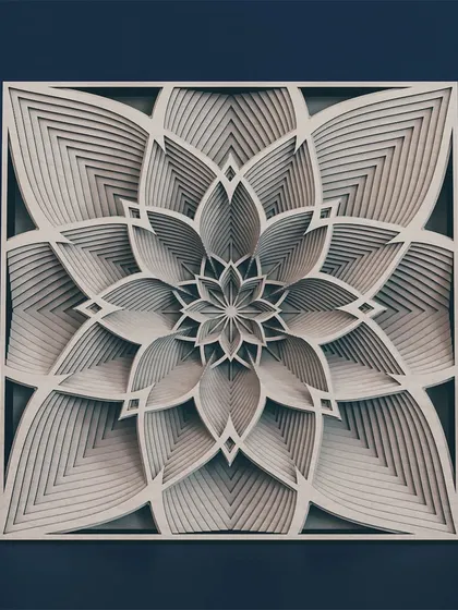 The Deep Lotus Mandala, viewed straight-on, presents a hypnotic pattern that draws the eye inward. Its neutral color palette makes it a serene addition to any spiritual or meditation space.