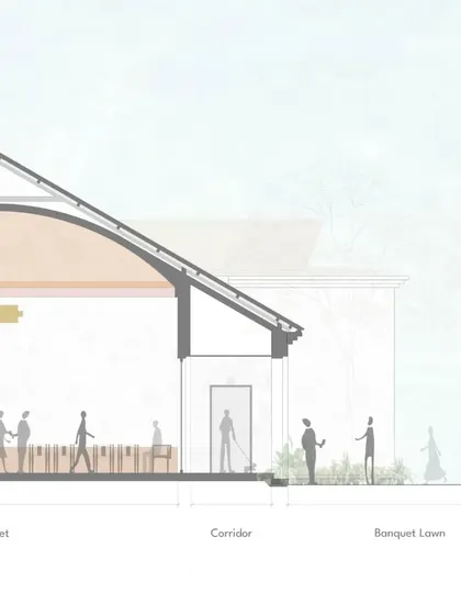 A rendered section of the Bodhgaya hotel's banquet block, showing the transition from the vaulted indoor hall to the open-air banquet lawn.