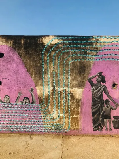 This mural is part of my 'Stories of Water' series, a large-scale public art project about Bangalore's water crisis. It depicts the struggles and stories connected to water, from scarcity to flooding, turning a public wall into a space for reflection and conversation within the community.