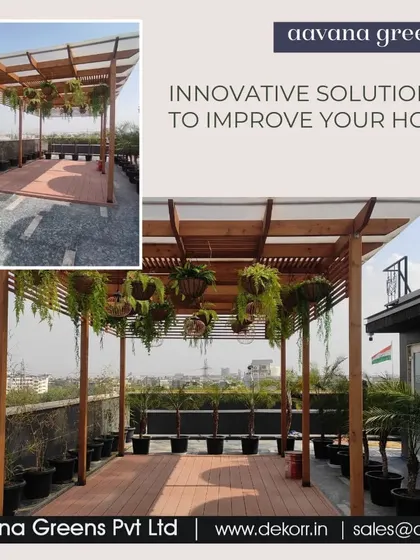 We provide innovative solutions to improve your home, like this stunning rooftop pergola. Paired with our wooden deck flooring and hanging plants, it creates a shaded, elegant area for relaxing or entertaining.