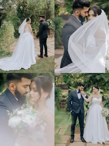 A collage of romantic couple portraits in a lush garden setting, highlighting the bride's flowing veil and the couple's connection.