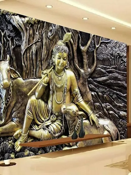A duplicate of media 129, this 3D Krishna wallpaper showcases our ability to create designs with incredible depth and texture, resembling a traditional stone or metal carving.