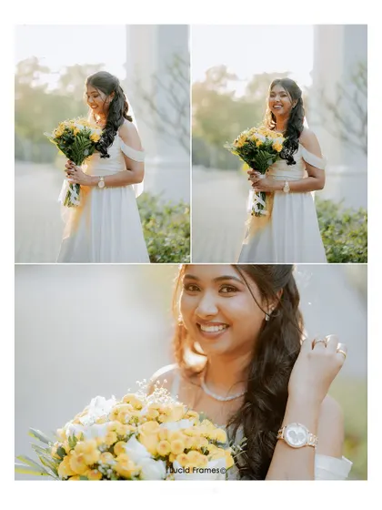 A collage of the bride with her bright yellow bouquet, capturing her happy smiles in the golden sunlight.