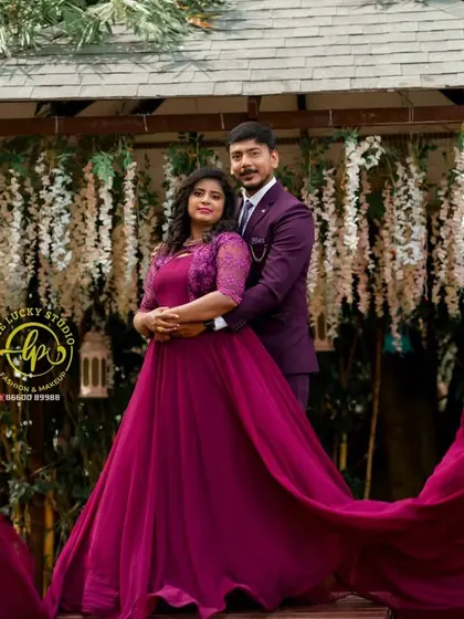 A deep magenta flying gown for a romantic garden photoshoot. I styled the couple in complementary colours to create a rich and cohesive look.