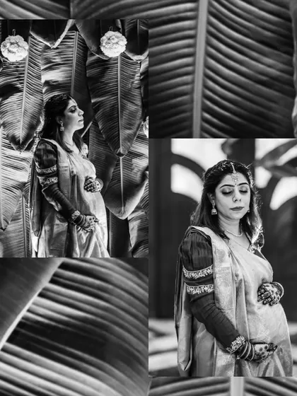 A beautiful black and white collage from the maternity ceremony. This artistic composition highlights the mother's serene profile against the rich textures of the decor.