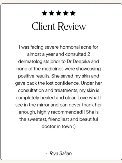 This review from a client who struggled with severe hormonal acne means the world to me. My goal is not just to heal the skin but to help restore the confidence that acne can take away. Reading about her clear skin and renewed self-esteem is the reason I love my work.