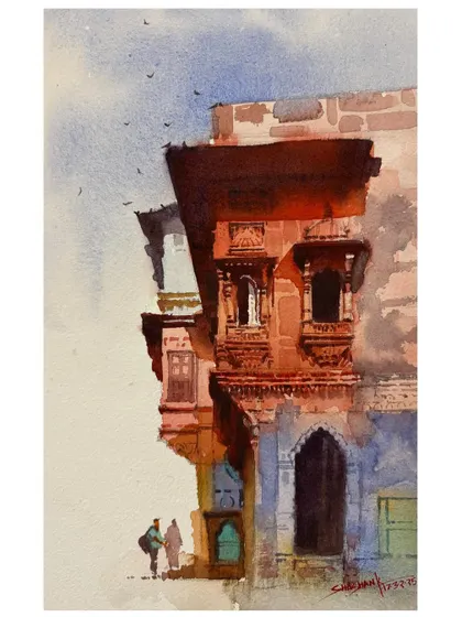 A watercolor painting of a "Jharokha" (ornate window), focusing on the intricate architecture and the strong contrast of light and shadow.