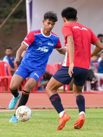A player takes on a defender from the Nagaland U20 team. We encourage our players to be brave and express themselves on the pitch.
