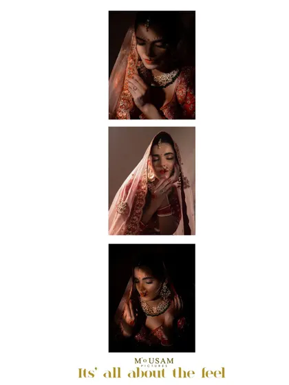 A vertical collage of three artistic bridal portraits. The warm, dramatic lighting and the model's serene poses create a cohesive and beautiful editorial story.