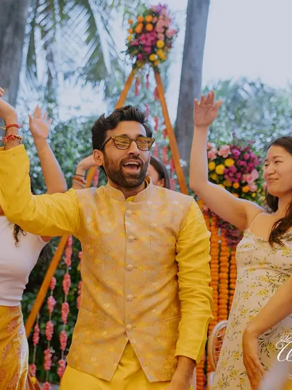 The groom and his friends dancing with full energy at the Haldi function.