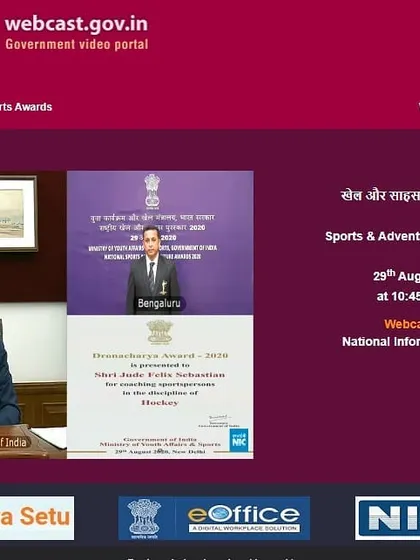 A screenshot from the virtual National Sports Awards ceremony where I was honored with the Dronacharya Award for my coaching achievements.