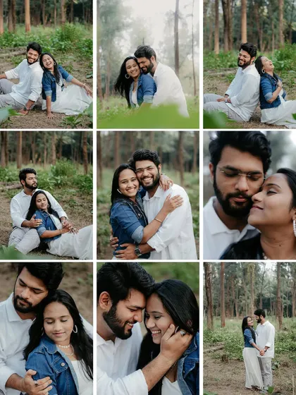A nine-photo grid collage showcasing a wide variety of poses and emotions from a single forest photoshoot. This is a great way to see the range of shots we can capture in one session.