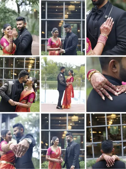 This nine-grid collage is a beautiful summary of the couple's portrait session. It showcases a variety of poses, from playful to romantic, and highlights details like their rings and henna-adorned hands.