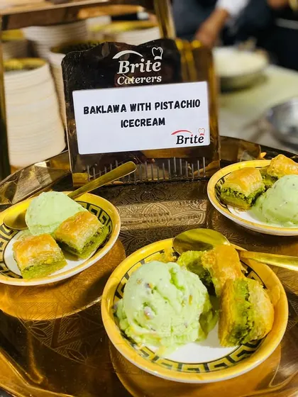 A close-up of the delicious Baklava and ice cream combination.