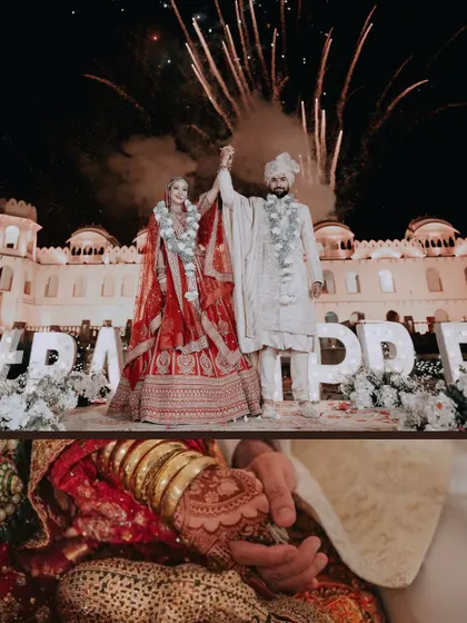 A grand celebration under the stars, complete with fireworks. This shot encapsulates the scale and magic of a destination wedding, where every detail is designed to create a spectacular experience.