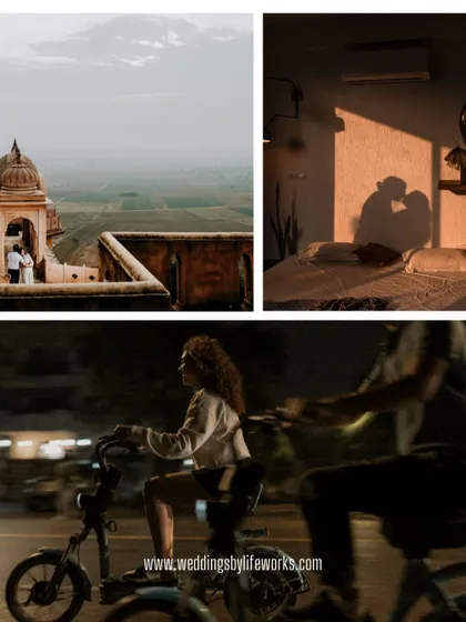 This collage shows the variety of "at-home" feelings, from a silhouette kiss in the bedroom to riding bikes in their neighborhood at night.