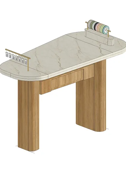 For us, designing a space is incomplete without designing the furniture. This 3D render shows a custom display table we designed for Entisichocolatier in Pune, combining a marble top with a fluted wood base.
