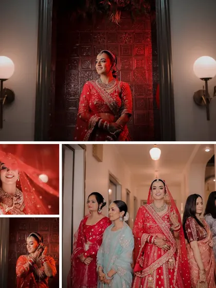 A collection of beautiful bridal portraits using dramatic red lighting. These images highlight the bride's features and her stunning red lehenga, creating a bold and romantic set.