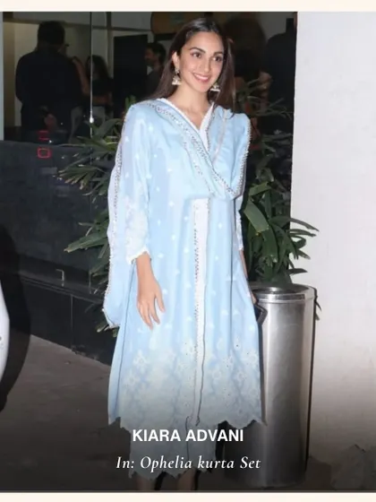 Another one of Kiara's favorite looks, the Ophelia Kurta Set. The light blue color and breezy design make it a perfect example of my signature style.