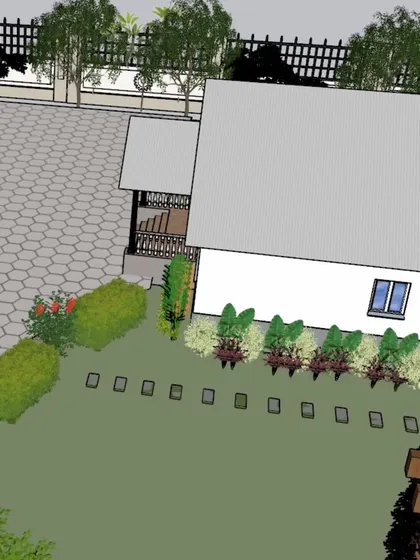 This 3D view focuses on the planting scheme along the side of a house, showing the placement of hedges, shrubs, and lawn lights.