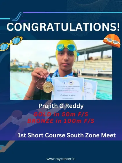 Prajith G Reddy showing his medals from the 1st Short Course South Zone Meet. His gold and bronze in freestyle events highlight his speed and potential.