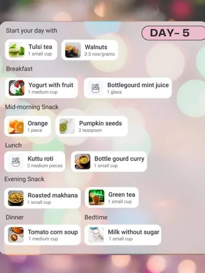 This is a sample meal plan for Day 5 of my Navratri fasting guide. It features balanced meals like kuttu roti with bottle gourd curry and healthy snacks like roasted makhana to keep you nourished.