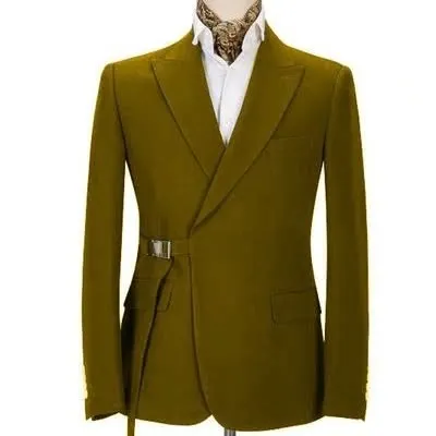 A mustard yellow jacket with a unique side buckle, offering a modern twist on a classic blazer.
