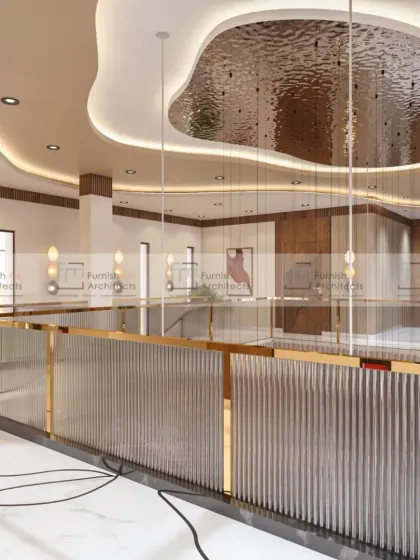 A render of a double-height living space, featuring a unique reflective ceiling panel that adds a touch of glamour. The fluted glass railing and gold accents contribute to the luxurious feel of the space.