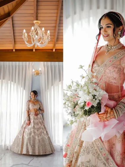 A collage featuring a full-length bridal portrait and a close-up with her bouquet.