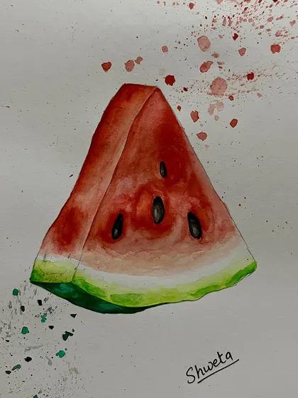 A watercolor painting of a watermelon slice, with a fun splatter effect. This was a playful exercise in capturing texture and color.
