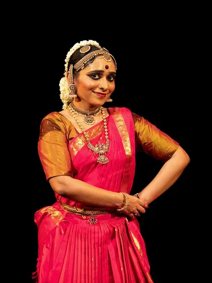 A portrait of my student Meera Krishna, captured before her Margam presentation. The traditional attire, jewelry, and makeup are integral parts of the storytelling in Bharatanatyam.
