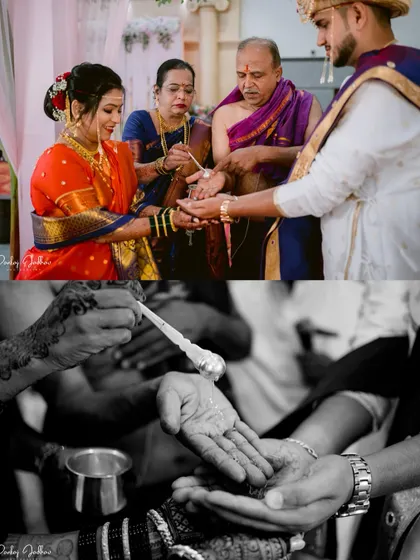 A collage showing the sacred thread ritual and other traditional moments from the wedding.