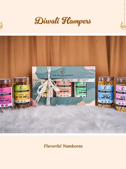 Our Flavorful Namkeens Diwali Hamper, which includes a variety of our healthy baked chips and savory mixes. It's a thoughtful gift for friends, family, and clients.