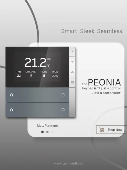 This is the Peonia keypad in Matt Platinum, one of my most popular models. It combines a sleek design with smart controls for lighting, climate, and energy-saving sensors.