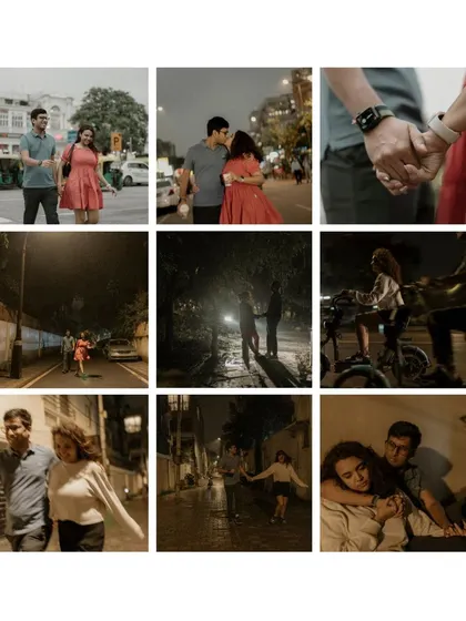 A grid of nine images from a night shoot in Delhi, showing a variety of candid moments, from crossing the street to sharing a laugh.