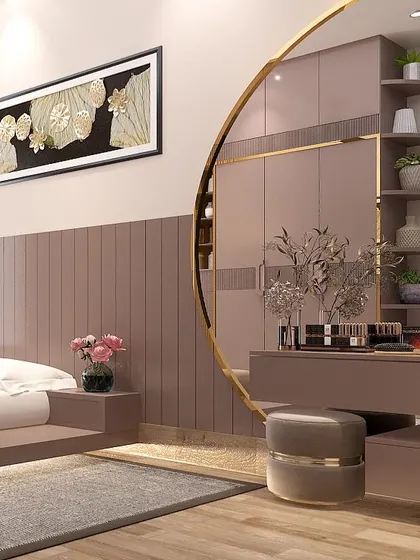 A closer look at the bedroom's vanity corner, featuring a large, curved mirror with gold trim that doubles as a stunning design element.