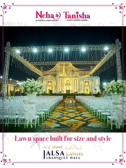 This is the canvas for your dream event. Our Raj Grand Jalsa Lawns offers unparalleled space and style, with intricate lighting and seating arrangements that create a truly magical atmosphere for a grand wedding reception or sangeet night.