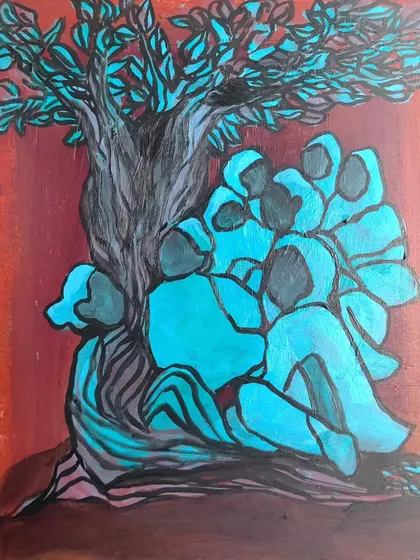 A finished painting titled, "Wanna hear a story from the branches? My Grandma is a tree now!" This piece came from a moment of deep reflection on my grandmothers and the stories they hold.