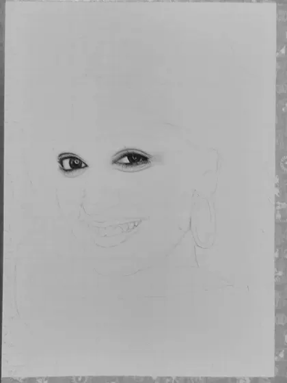 See how I drew Niharika NM's portrait. These images show the process from the initial grid and eye sketch to the final rendering of her hair and smile.