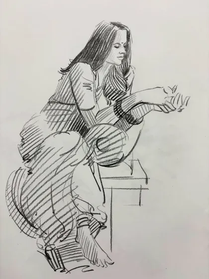 A seated female figure, sketched with attention to the contours and shading of the form.