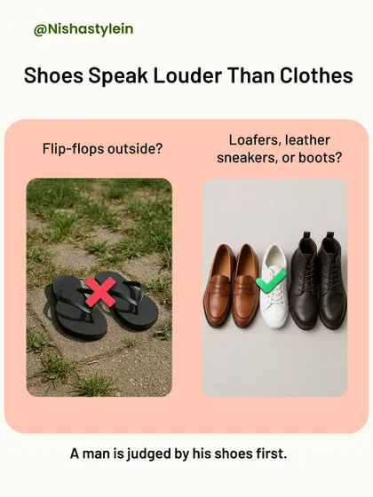 Shoes speak louder than clothes. A man is often judged by his shoes first. Ditch the flip-flops for outside wear and invest in classic loafers, leather sneakers, or boots to make the right impression.